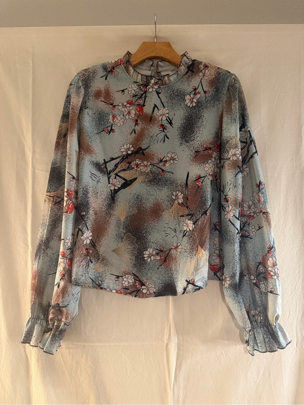 Floral Print Ruffle-Neck Long Sleeve Top - Blue Multi
